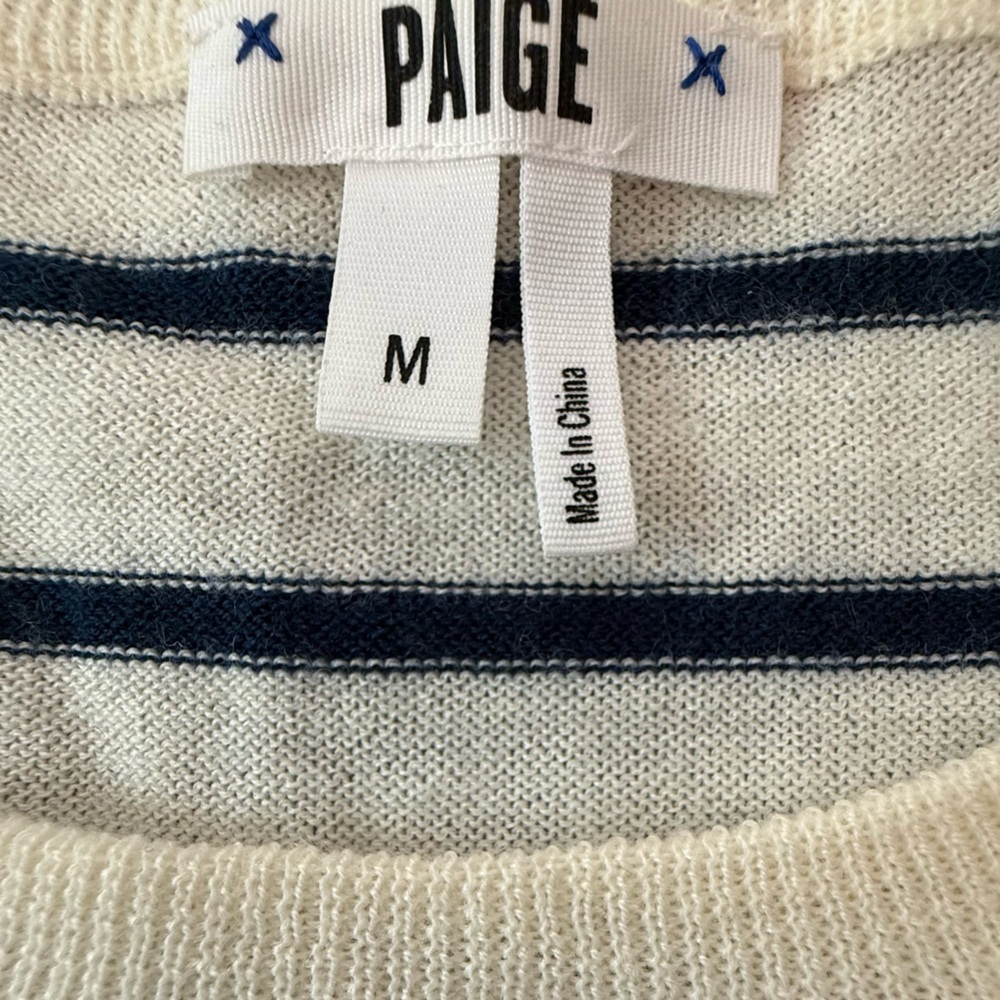 Paige Merino Wool Blend Long Sleeve Striped Crewneck Navy Cream Size Medium - Picture 4 of 7